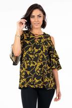 Women&#39;s Printed Cold Shoulder Tunic Blouse Top with Short Bell Sleeves (Black/Fl - £36.12 GBP