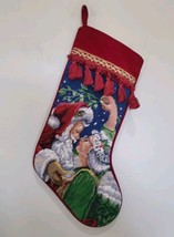 Christmas Stocking Santa and  Mrs Claus Kissing Under Mistletoe  Embroidered - £24.14 GBP