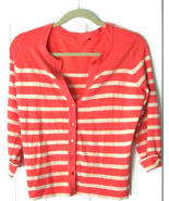 Womens Cardigan Sweater Orange White Striped Short Sleeve Button Front M... - $9.85