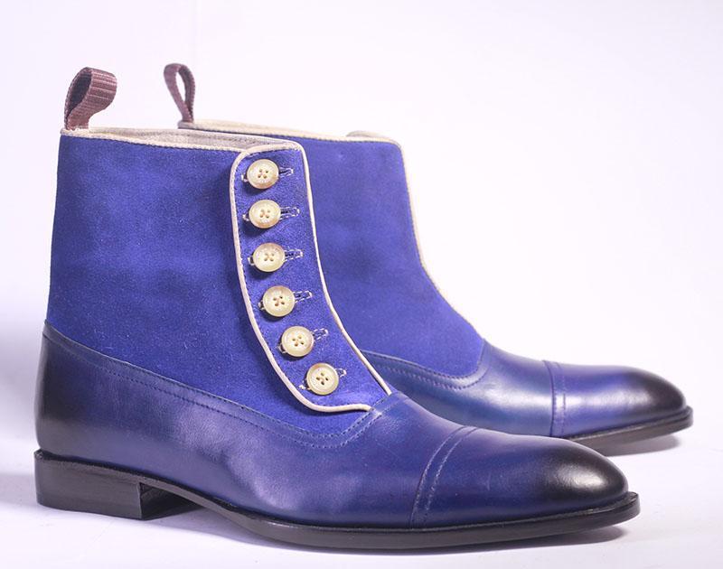 Handmade Men Blue Leather Suede Cap Toe Button Boots, Men Fashion Designer Boots