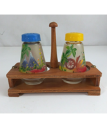 Vintage Hand Painted Frosted Mexico Glass Salt &amp; Pepper Shakers &amp; Wooden... - $14.54