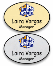 1 Gold &amp; 1 Silver Oval White Castle Personalized Name Badges Magnetic Fastener - £23.67 GBP