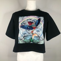 DAKUN Cropped Shirt Top Blouse Womens S Black Koi Fish Pond Rainbow Freedom - £36.56 GBP