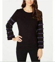 Alfani Womens Sz Petite M Black Tiered Fringe Long Sleeve Pullover Sweater NEW - £19.64 GBP
