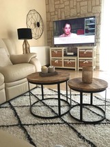 New Industrial Rustic Wooden 2 Piece Coffee Sofa Side End Table Set Mang... - $145.36