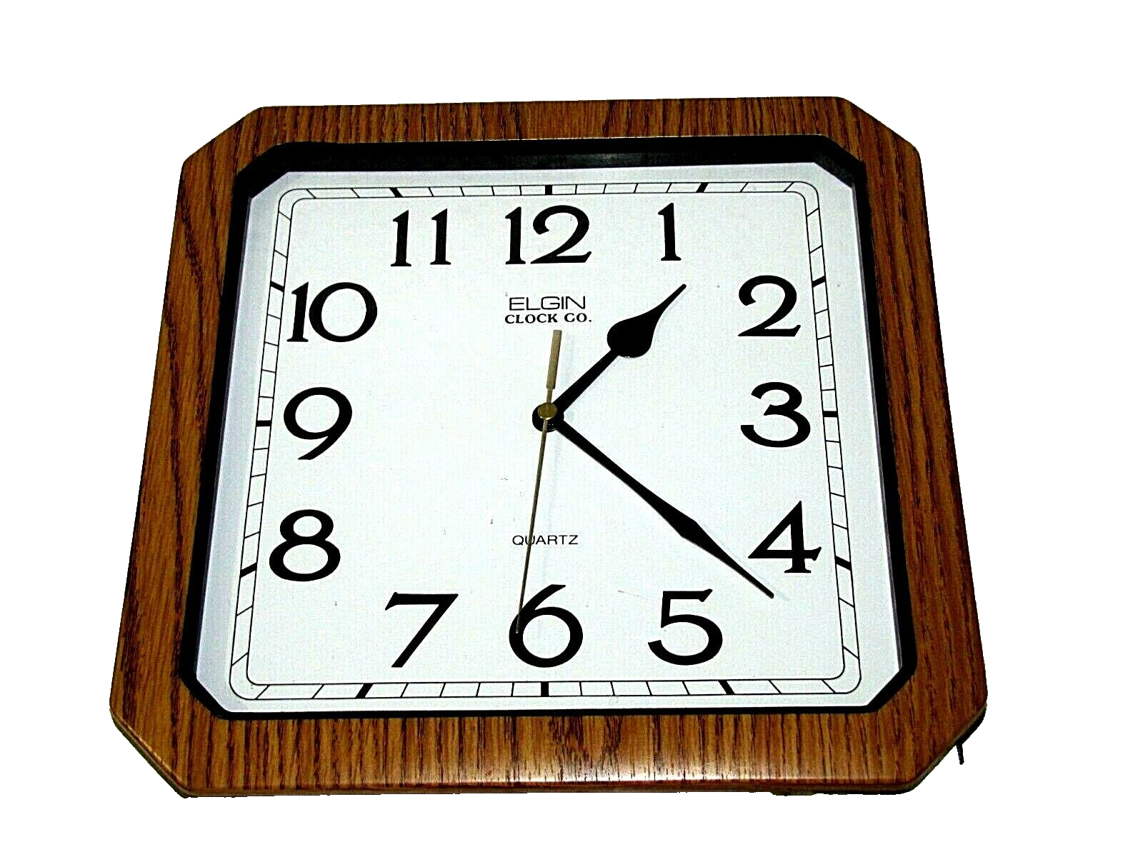 ELGIN CLOCK CO. SIMULATED WOOD QUARTZ  WALL CLOCK 12" SQUARE  XLG ARIAL NUMBERS  - $30.91