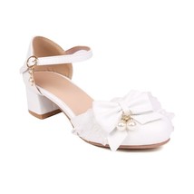 Low Heel Bow Sandals White Pink Summer Round Head Cute High Heels Sandals Women  - £56.82 GBP