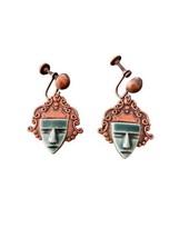 Vintage Copper &amp; Green Enamel Mask Earrings w/ Screw backs - £19.84 GBP