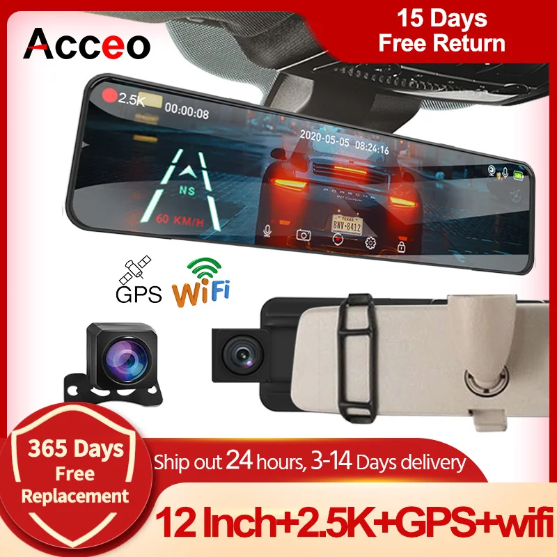 Acceo A45 2.5K Car DVR 12 Inch Touch IPS RearView Mirror Support Rear View - £83.69 GBP+