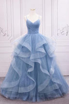 Shiny Blue Tulle A-line Spaghetti Straps Long Prom Dresses,Princess quinceanera  - £139.20 GBP