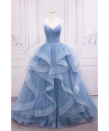 Shiny Blue Tulle A-line Spaghetti Straps Long Prom Dresses,Princess quin... - $176.00