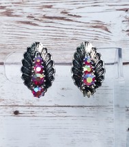 Vintage Clip On Earrings Dark Silver Tone &amp; Red Iridescent - One Gem Missing - £6.72 GBP