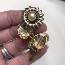 Vintage Damascene Toledoware Style Sunflower Brooch with Faux Pearl - $22.44