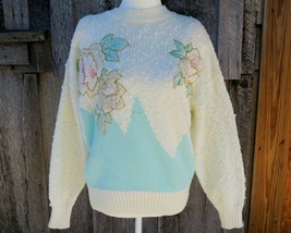 Needles &amp; Yarn Quilted Roses Pullover Sweater Vintage 1980s Teal &amp; White... - £23.68 GBP