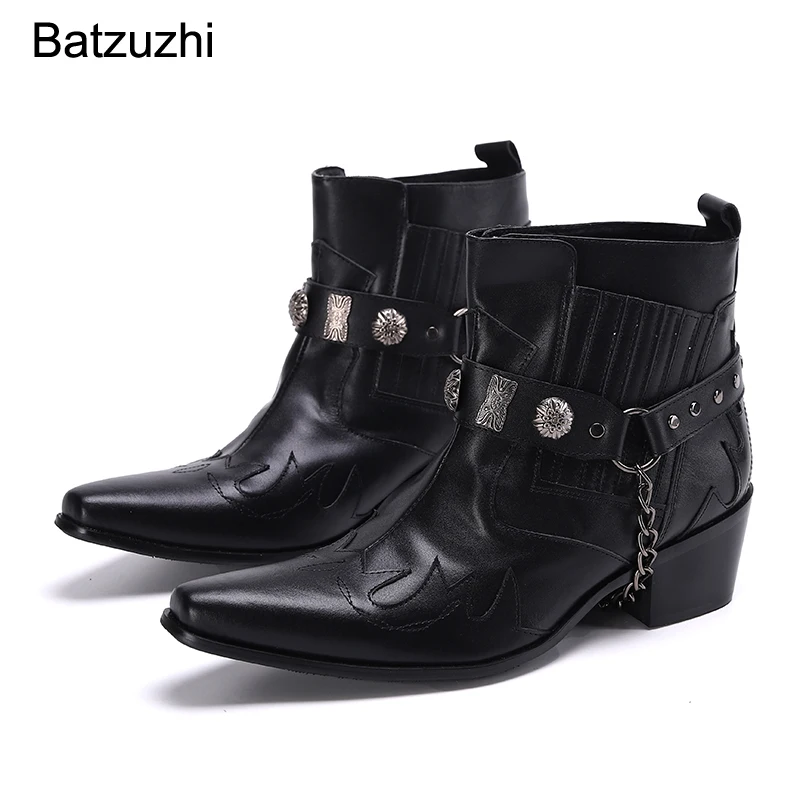 Batzuzhi Western boy Handmade Men&#39;s Boots Pointed Toe Dark Grey Leather Ankle Bo - £208.71 GBP