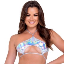 Iridescent Metallic Crop Top Holographic Underboob Cut Out Halter Silver 6111 - £23.20 GBP