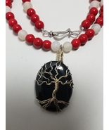 Black Agate Oval Tree Necklace with Red Magnesite and Cracked White Agat... - £26.94 GBP