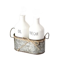 Scratch &amp; Dent Country White Ceramic Oil and Vinegar Cruet Set With Metal Holder - £23.18 GBP