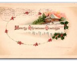 Cabin Scene Holly Wreath Hearty Christmas Greetings Embossed DB Postcard... - $2.92