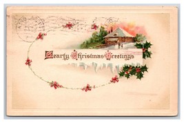 Cabin Scene Holly Wreath Hearty Christmas Greetings Embossed DB Postcard U11 - £2.28 GBP