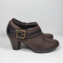 CLARKS Leather Heeled Buckle Artisan Brown Ankle Boots Size 6.5 EUC - £23.89 GBP