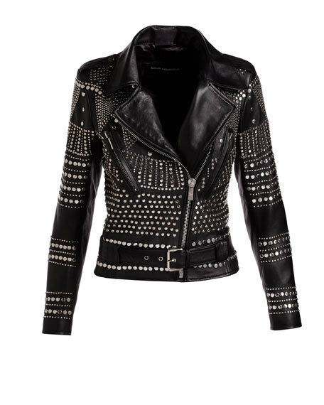 Womens Top Quality Luxury Silver Studded Leather Jacket Biker Brando Belted Size