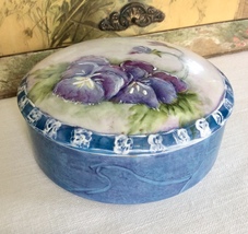 Vintage Porcelain Trinket Box with Hand Painted Blue Pansies - $30.00
