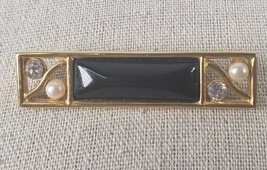 Brooch Pin - Signed Monet - Rectangle - Faux Pearls Rhinestones  Black Gold Tone - £28.87 GBP