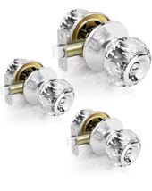 Privacy Crystal Interior Glass Door Knobs Keyless Lock Nickel Silvertone 3pk NEW - £87.77 GBP