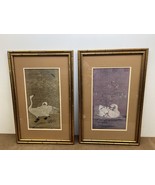 Vintage SWAN PRINT PAIR faux bamboo framed mid century modern asian wall... - £39.31 GBP