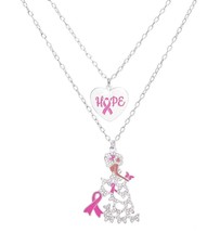 2 Pcs Heart Pendant Pink Ribbon Hope Silver Chain Layered Women Necklace - £30.02 GBP