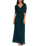 Betsy &amp; Adam Womens Size 4 Lace-Top Waterfall-Detail Gown in Pine Green ... - $76.18 CAD