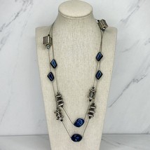 Chico&#39;s Blue Beaded Coil Silver Tone Long Necklace - £13.22 GBP