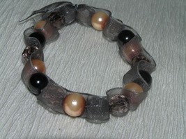 Estate Black Pearly Goldtone &amp; Faceted Bronze Bead with Silk Thread Stretch - £6.12 GBP