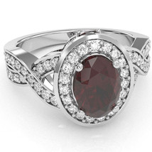Three Stone Garnet Diamond Peekaboo Halo Engagement Ring In 14k White Gold - £638.68 GBP