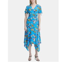 Calvin Klein Womens 12 Ocean Blue Print Handkerchief Hem Faux Wrap Dress... - $46.42