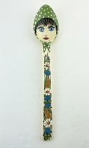 Decorative Spoon Lady Face Hand-Painted Wooden Green Scarf Big Eyes  Fol... - $13.65