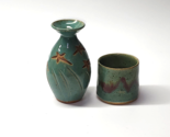 Handmade SIGNED Teal Earthenware Stoneware Pottery Vase And Cup - JS Pot... - $26.59