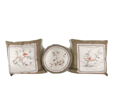 Vintage Antique Lot of 3 Satin Embroidered Finch Bird Floral Throw Pillows 16x16 - £54.40 GBP