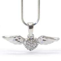 Crystal Flying Heart and Wings Pendant Necklace White Gold - £9.81 GBP