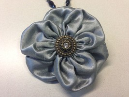 Flower Pendant Necklace Brooch Pin Handmade Fabric Gray Poppy 3.5&quot; Crystal New - £12.04 GBP+