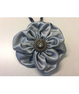 Flower Pendant Necklace Brooch Pin Handmade Fabric Gray Poppy 3.5&quot; Cryst... - £11.66 GBP+