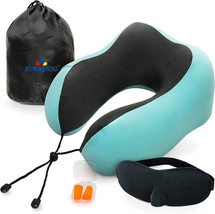 Blue Green Memory Travel Pillow w Eye Mask &amp; Ear Plugs NEW - £14.01 GBP