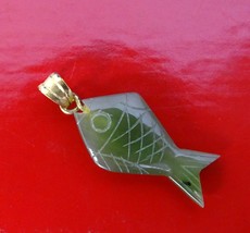 Vintage Green Stone or Jade carved Fish Pendant Charm - $27.72