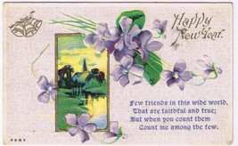 Holiday Postcard Embossed Happy New Year Violets Church Scene 1910 - $2.96