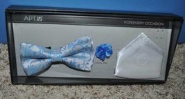Mens Bow Tie Set Blue Paisley White Pocket Square Lapel Pin Apt 9 3 Pc $45 - £14.27 GBP