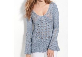 Free People Crochet Sweater Open Knit Bell Sleeves V-Neck Dusty Blue Women&#39;s S - £18.89 GBP