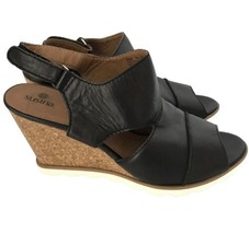 SUSINA Womens Shoes Wedge Sandal Black Leather Cork Heel Sling Back Size... - £12.79 GBP