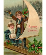 1907 Embossed Christmas Postcard Victorian Children On Boat With Mistletoe - $412.83 MXN