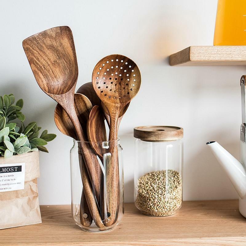Wooden Kitchen Utensils Cooking Organic Natural Teak Wood Utensil Set Sp... - $14.84+